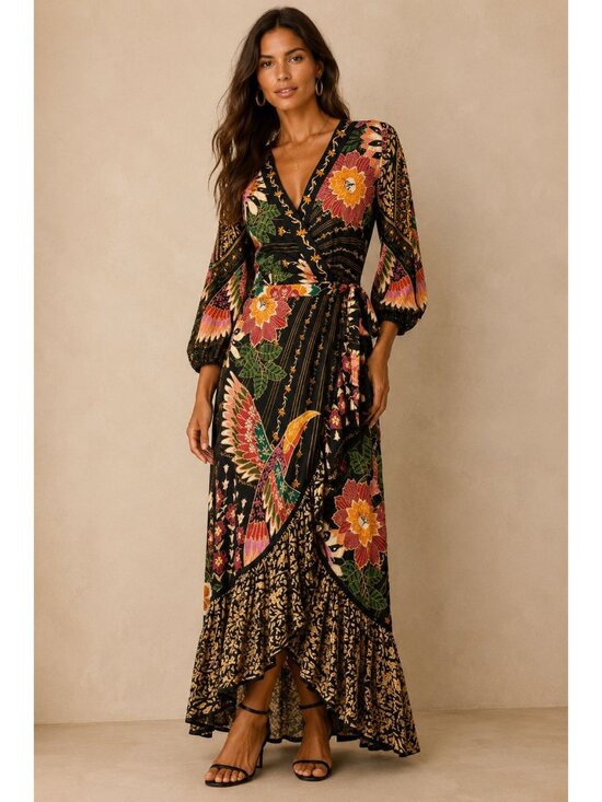 FARM Rio Dresses & Skirts - Farm Rio for Anthropologie Amorina Floral Tropical 3/4 Sleeve Maxi Wrap Dress Si
